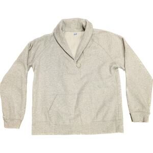 Vintage Sweatshirt Large Womens Gray Pullover Roll Collar Kangaroo Pocket Button